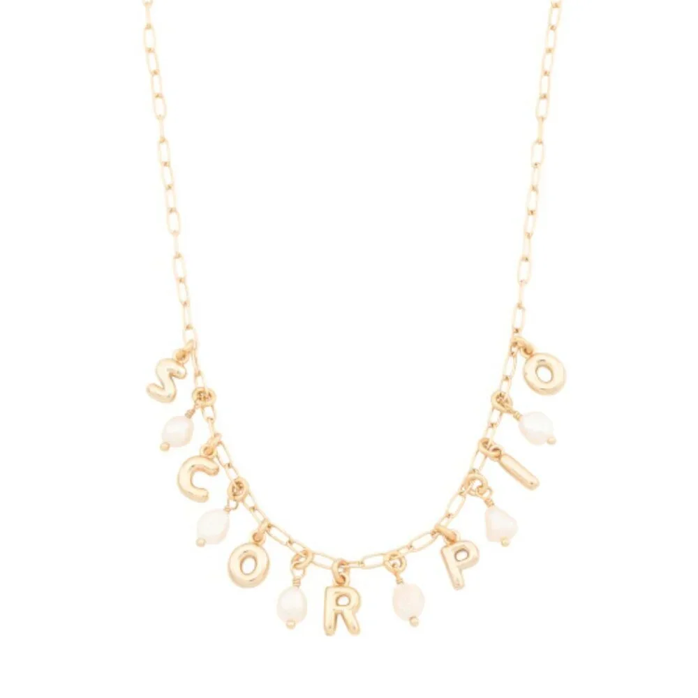 NWT LUNA NORTE Scorpio Gold Tone Astrological Pearl Letter Necklace w/ Gift Box